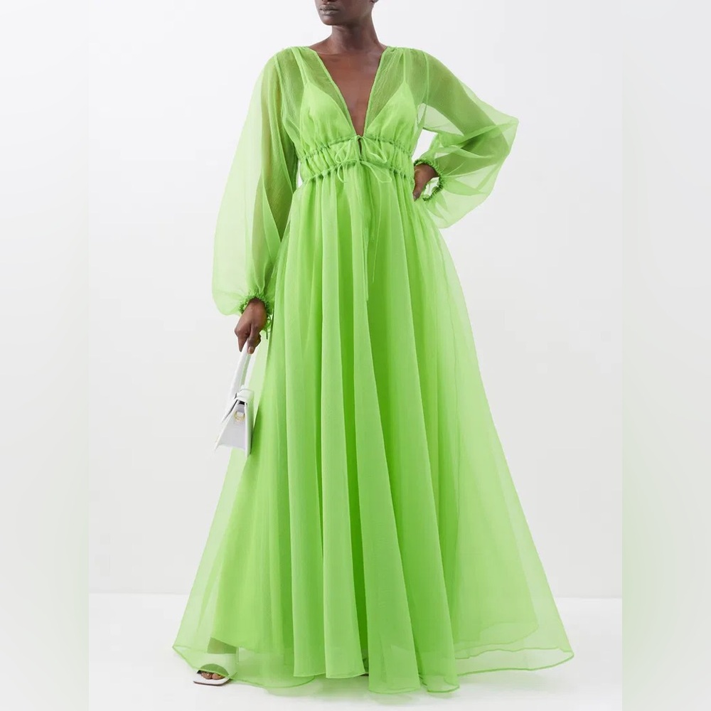 STAUD Shelby V-Neck Organza Vibrant Green Long Sleeve Maxi Dress - Size M